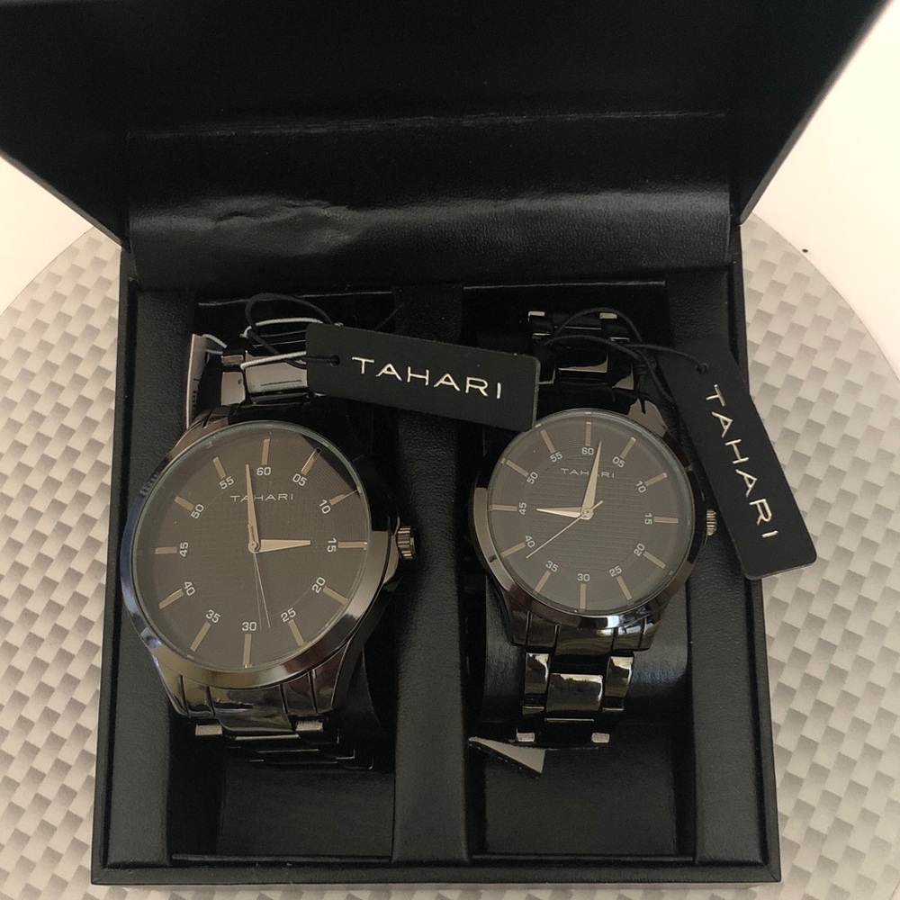 Tahari His & Hers Watch Set | Black Dial & Bracelet | Model TAH 10180 | NWT/NRFB